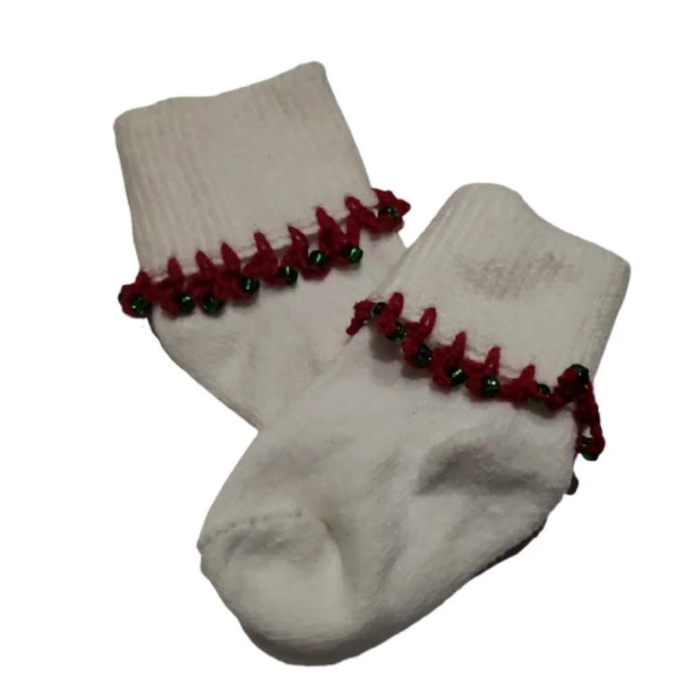 Christmas Handmade Crocheted baby girl socks 0-6M